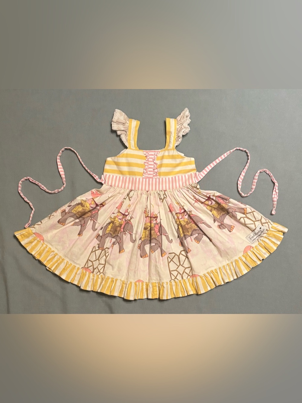 SweetHoney Yellow & Pink Striped “Circus Elephants” Print Dress